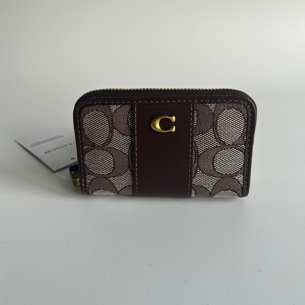 Coach Essential Small Zip Around Oak Maple Jacquard Leather Coin Case NEW